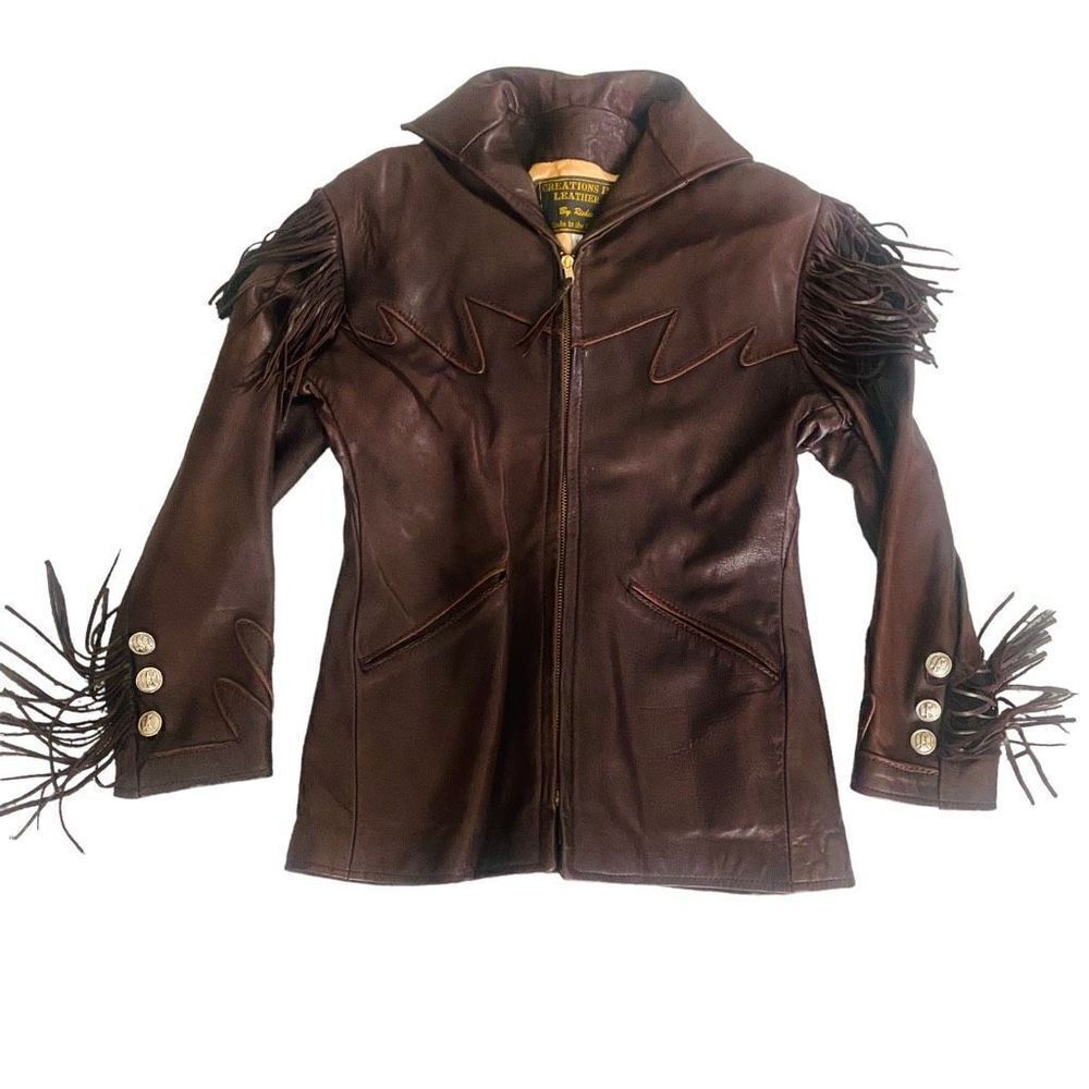 Creations in Leather Chocolate Brown Fringe Leather Jacket Sz S MSRP $700+ MY23
